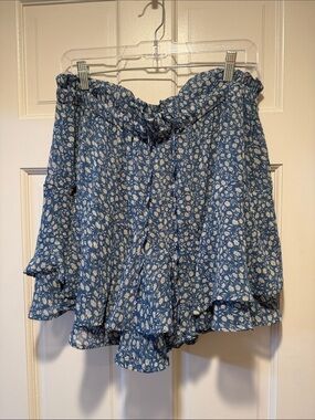 Blue Floral Ruffle Mini Skirt